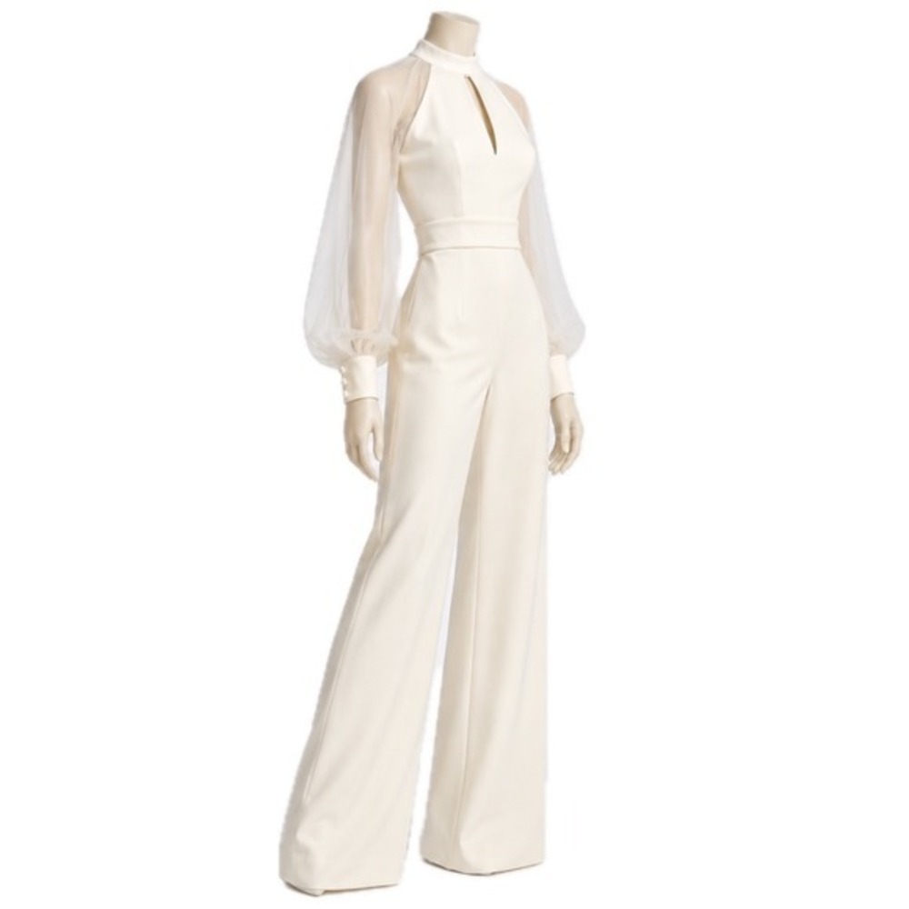SAFIYAA Ivory Silk Sleeve Wide Leg Jumpsuit | Unattached Buttoned Belt | US Sz 6